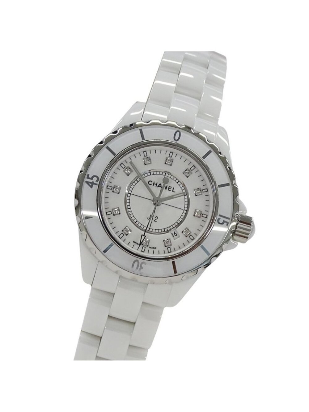 Chanel Watch 12P Diamond Date Quartz Stainless Steel White Ceramic